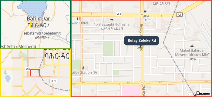 Map showing the address of Belay Zeleke Rd in three different zoom levels.