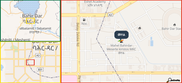 Map showing the address of መሃል in three different zoom levels.