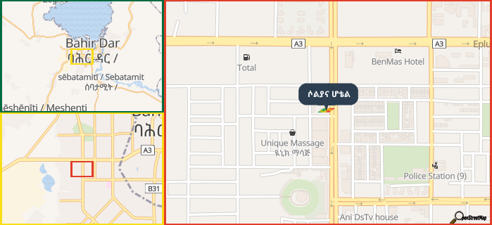 Map showing the address of ሶልያና ሆቴል in three different zoom levels.
