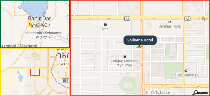 Map showing the address of Soliyana Hotel in three different zoom levels.