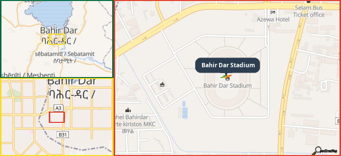 Map showing the address of Bahir Dar Stadium in three different zoom levels.