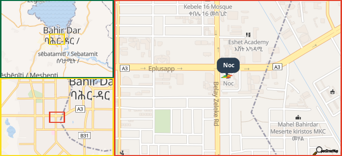 Map showing the address of Noc in three different zoom levels.