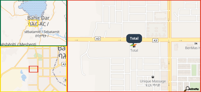 Map showing the address of Total in three different zoom levels.