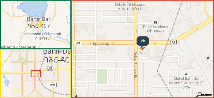 Map showing the address of ኖክ in three different zoom levels.