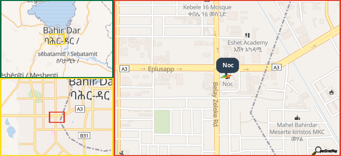 Map showing the address of Noc in three different zoom levels.