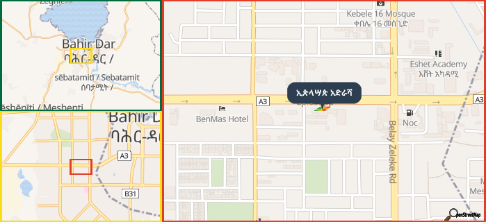 Map showing the address of ኢጵላሣጵ አድራሻ in three different zoom levels.