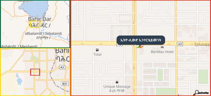 Map showing the address of ኢትዮ-ሊውድ ኢንተርቴይመንት in three different zoom levels.