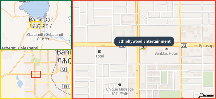 Map showing the address of Ethiollywood Entertainment in three different zoom levels.