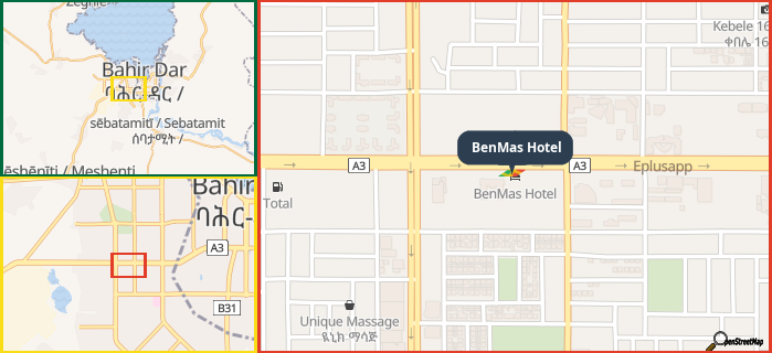 Map showing the address of BenMas Hotel in three different zoom levels.
