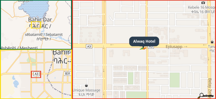 Map showing the address of Alwaq Hotel in three different zoom levels.