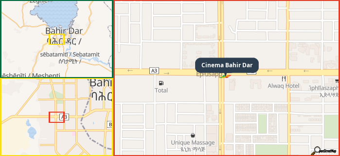 Map showing the address of Cinema Bahir Dar in three different zoom levels.