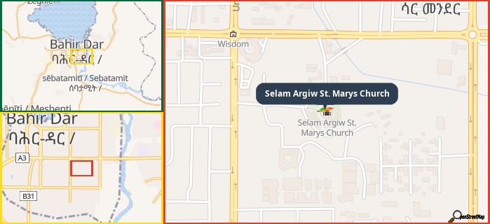 Map showing the address of Selam Argiw St. Marys Church in three different zoom levels.