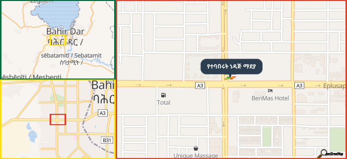 Map showing the address of የተባበሩት ነዳጅ ማደያ in three different zoom levels.