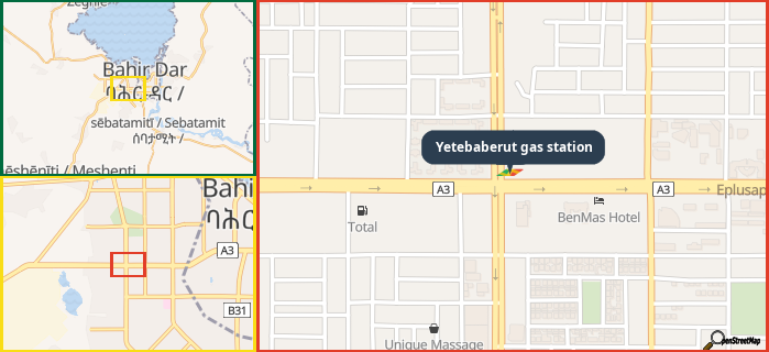 Map showing the address of Yetebaberut gas station in three different zoom levels.