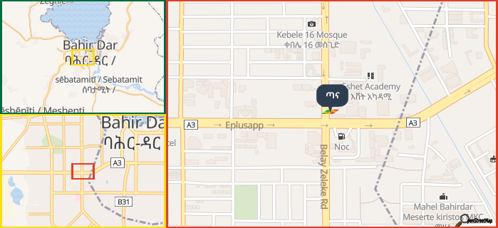 Map showing the address of ጣና in three different zoom levels.