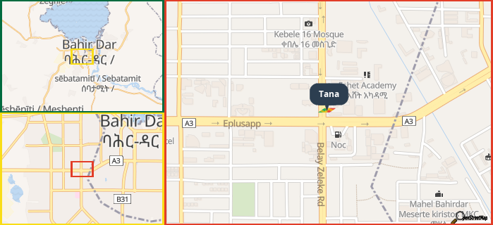 Map showing the address of Tana in three different zoom levels.