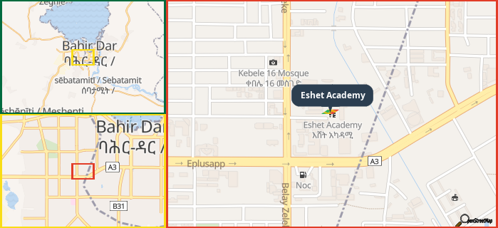 Map showing the address of Eshet Academy in three different zoom levels.