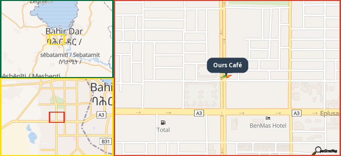 Map showing the address of Ours Café in three different zoom levels.