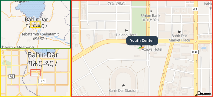 Map showing the address of Youth Center in three different zoom levels.