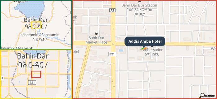 Map showing the address of Addis Amba Hotel in three different zoom levels.