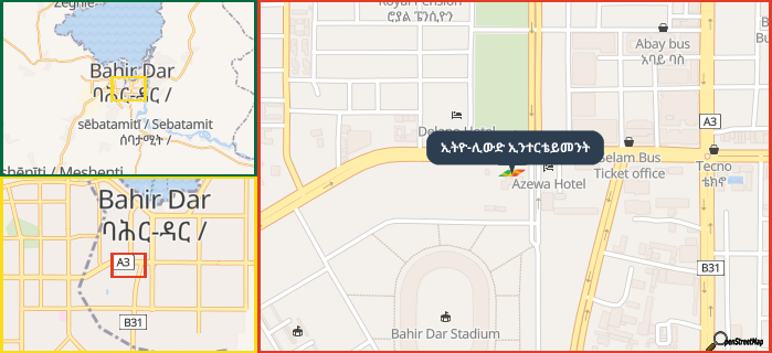 Map showing the address of ኢትዮ-ሊውድ ኢንተርቴይመንት in three different zoom levels.