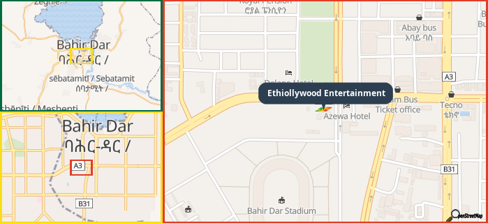Map showing the address of Ethiollywood Entertainment in three different zoom levels.