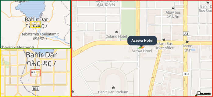 Map showing the address of Azewa Hotel in three different zoom levels.