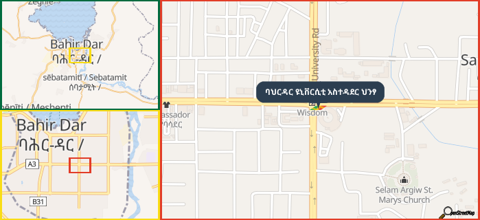 Map showing the address of ባህርዳር ዩኒቨርሲቲ አስተዳደር ህንፃ in three different zoom levels.