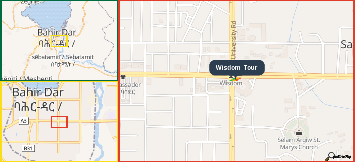 Map showing the address of Wisdom  Tour in three different zoom levels.
