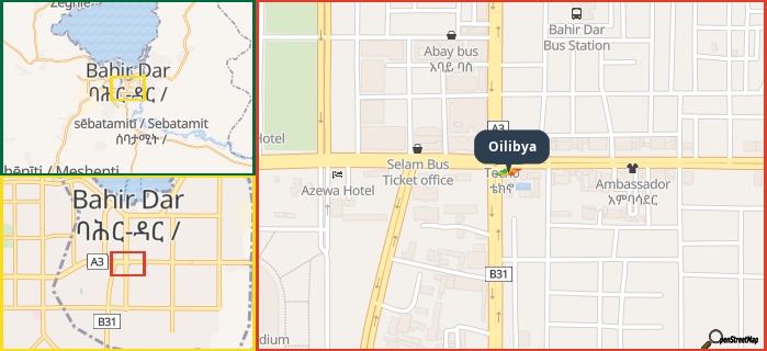 Map showing the address of Oilibya in three different zoom levels.