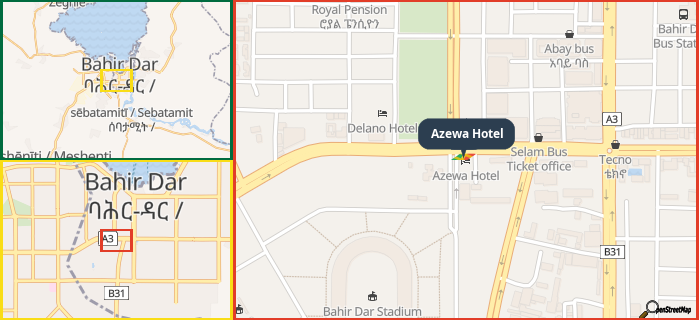 Map showing the address of Azewa Hotel in three different zoom levels.