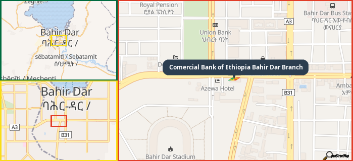 Map showing the address of Comercial Bank of Ethiopia Bahir Dar Branch in three different zoom levels.