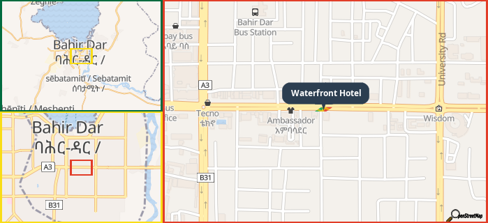 Map showing the address of Waterfront Hotel in three different zoom levels.