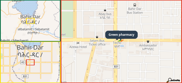 Map showing the address of Green pharmacy in three different zoom levels.