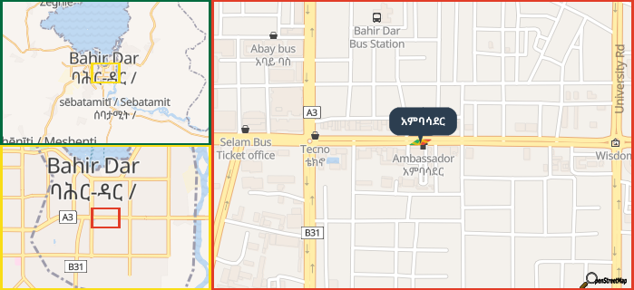 Map showing the address of አምባሳደር in three different zoom levels.