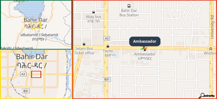 Map showing the address of Ambassador in three different zoom levels.