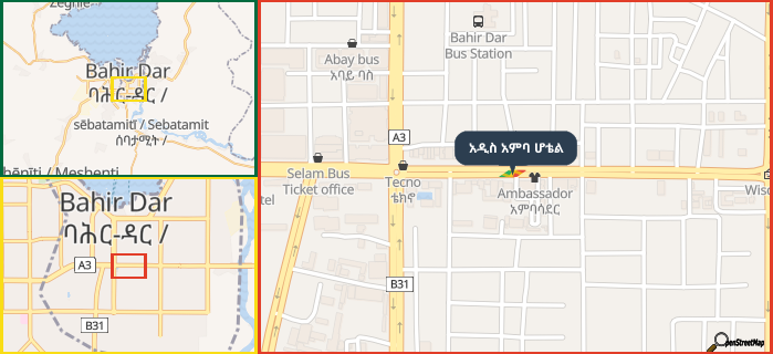 Map showing the address of አዲስ አምባ ሆቴል in three different zoom levels.