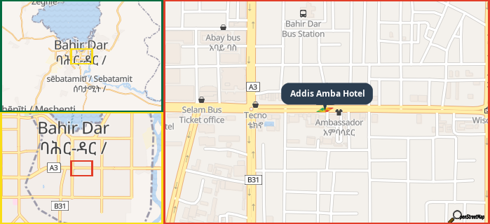Map showing the address of Addis Amba Hotel in three different zoom levels.