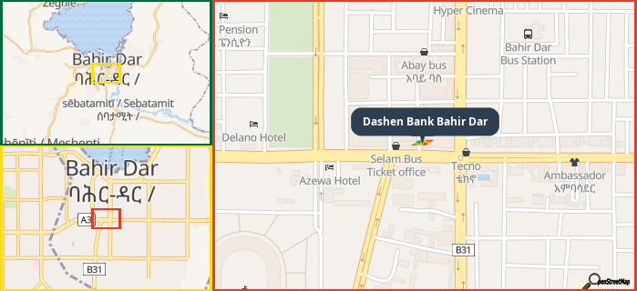Map showing the address of Dashen Bank Bahir Dar in three different zoom levels.