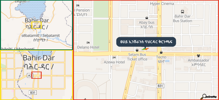 Map showing the address of ፀሀይ ኢንሹራንስ ባህርዳር ቅርንጫፍ in three different zoom levels.