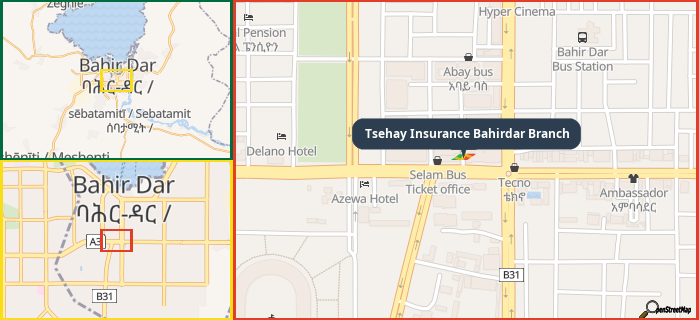 Map showing the address of Tsehay Insurance Bahirdar Branch in three different zoom levels.