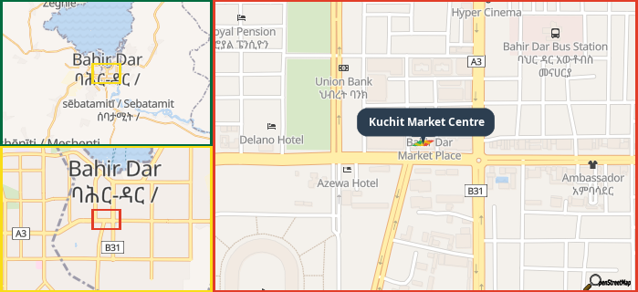 Map showing the address of Kuchit Market Centre in three different zoom levels.