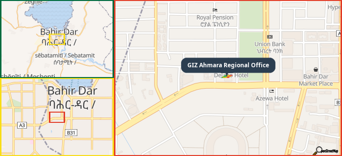 Map showing the address of GIZ Ahmara Regional Office in three different zoom levels.