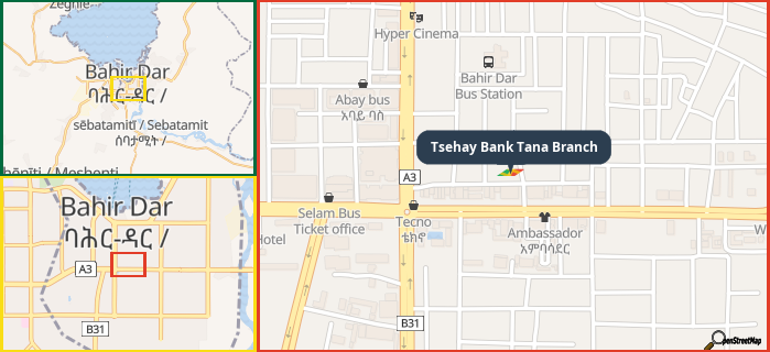 Map showing the address of Tsehay Bank Tana Branch in three different zoom levels.