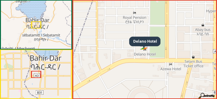 Map showing the address of Delano Hotel in three different zoom levels.