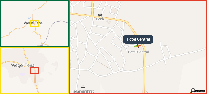 Map showing the address of Hotel Central in three different zoom levels.