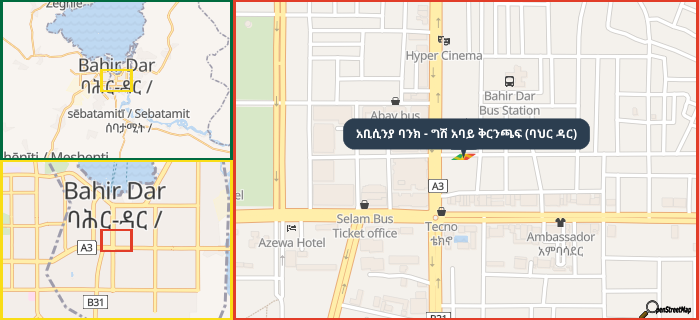 Map showing the address of አቢሲንያ ባንክ - ግሽ አባይ ቅርንጫፍ (ባህር ዳር) in three different zoom levels.