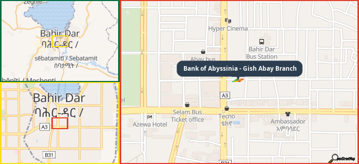Map showing the address of Bank of Abyssinia - Gish Abay Branch in three different zoom levels.