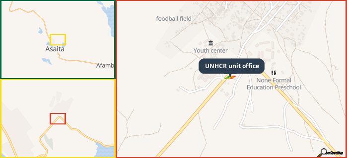 Map showing the address of UNHCR unit office in three different zoom levels.