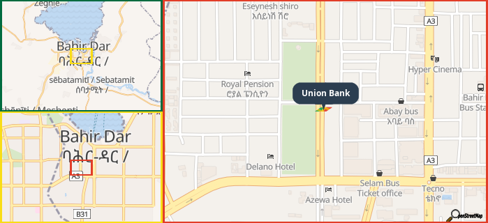 Map showing the address of Union Bank in three different zoom levels.